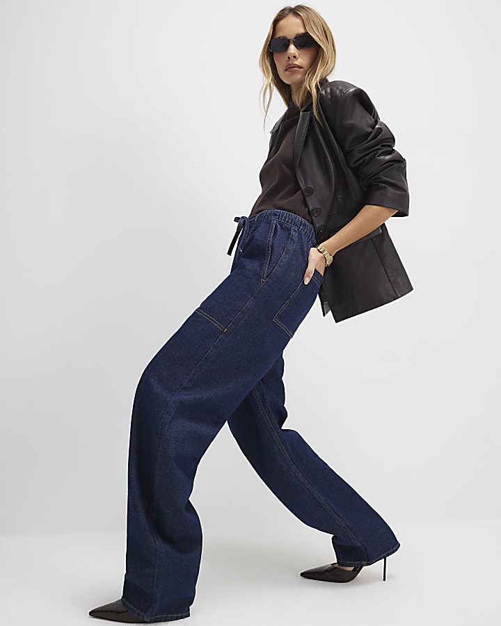 River Island Blue Tie Waist Barrel Leg Jeans