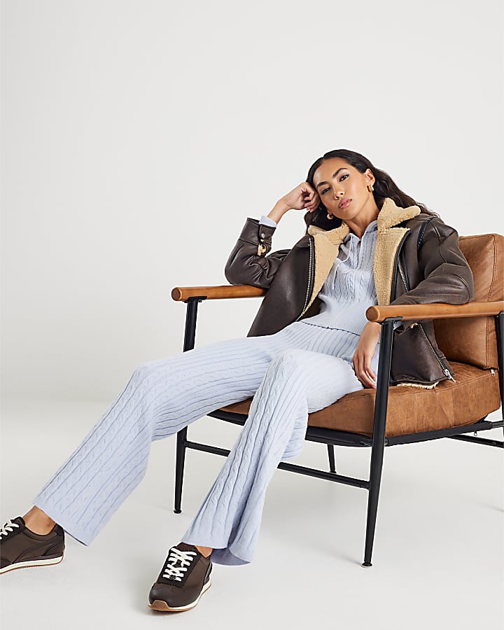 River Island Blue Wide Leg Cable Knit Trousers