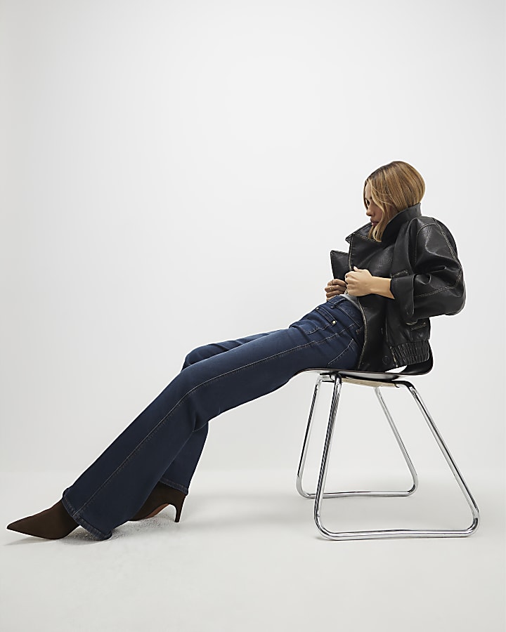 River Island Blue Zip Up Relaxed Flare Jeans