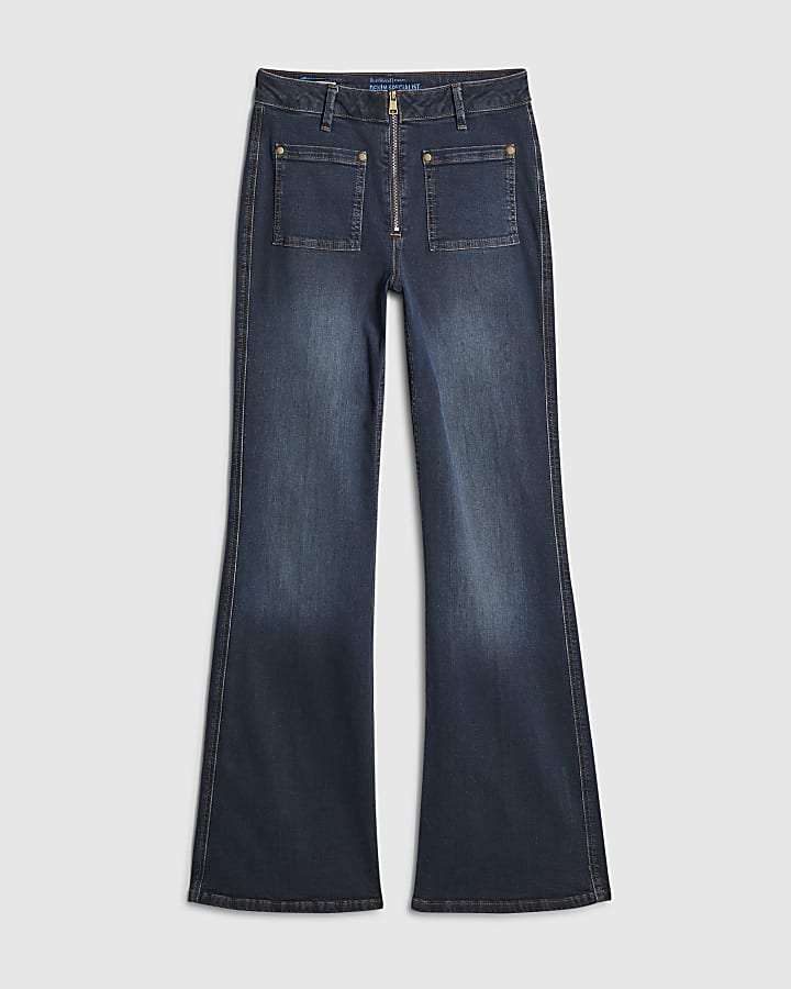 river island Blue zip up relaxed flare jeans