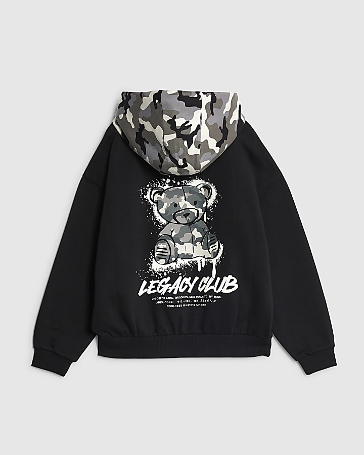 River Island Boys Black Camo Bear Hoodie