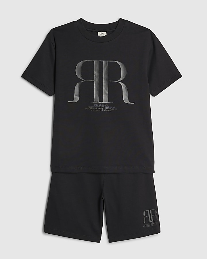 River Island Boys Black RR T-Shirt And Shorts Set