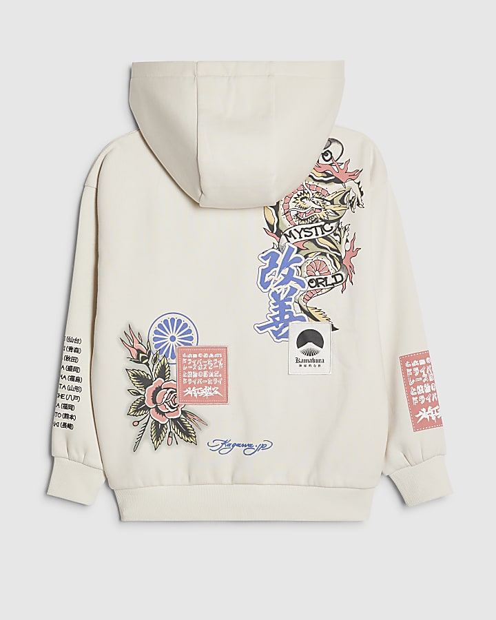River Island Boys Cream Japanese Bird Print Hoodie
