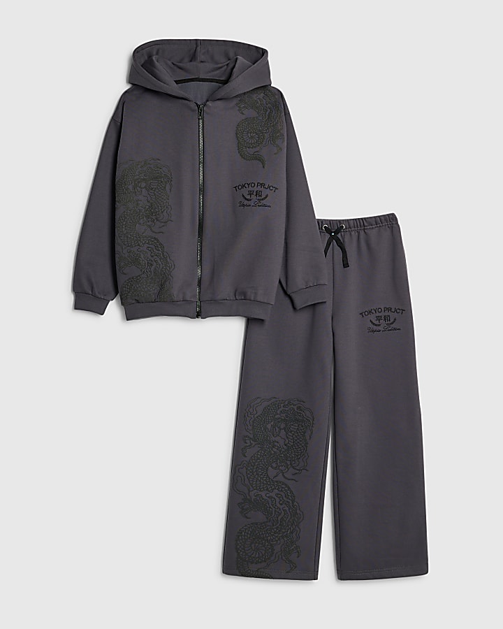 River Island Boys Grey Japanese Dragon Hoodie Set