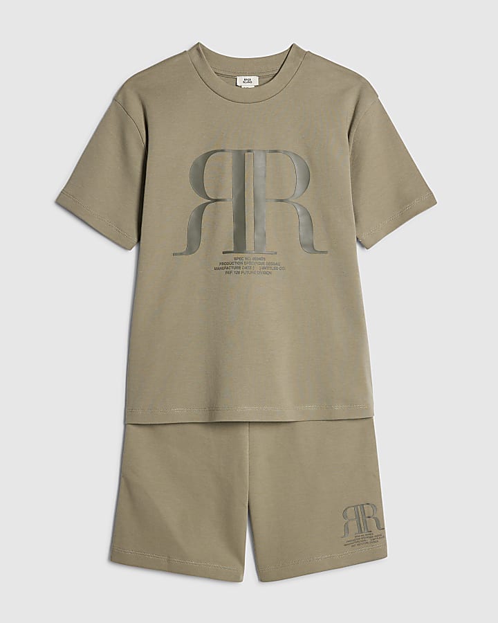 River Island Boys Khaki RR T-Shirt And Shorts Set