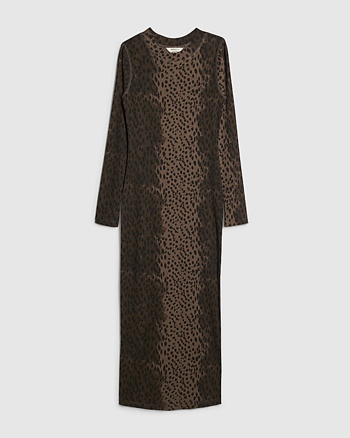 river island Brown Animal Print Ribbed Midi Dress