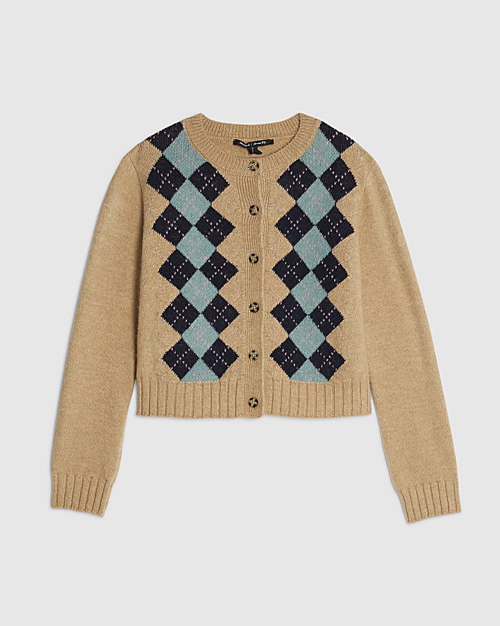 river island Brown Argyle Knit Cardigan