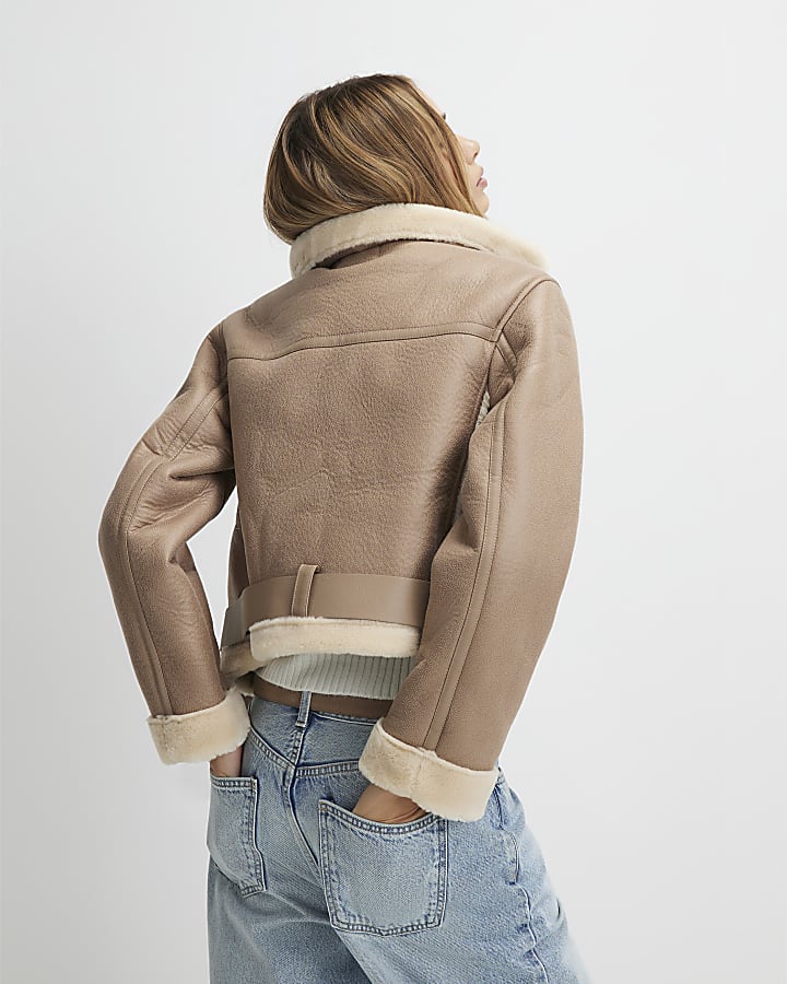 River Island Brown Belted Cropped Aviator Jacket