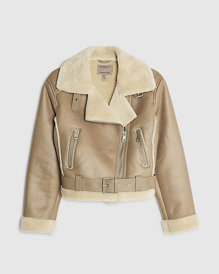 river island Brown Belted Cropped Aviator Jacket