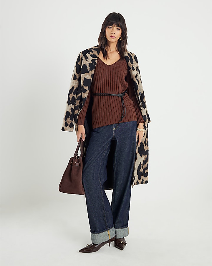 River Island Brown Belted Ribbed Jumper