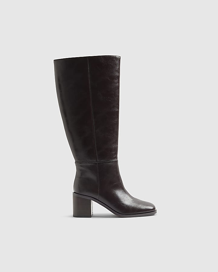 River Island Brown Block Heel High Leg Boots