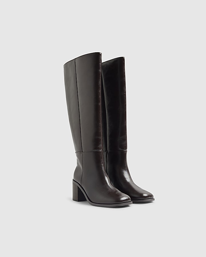 River Island Brown Block Heel High Leg Boots