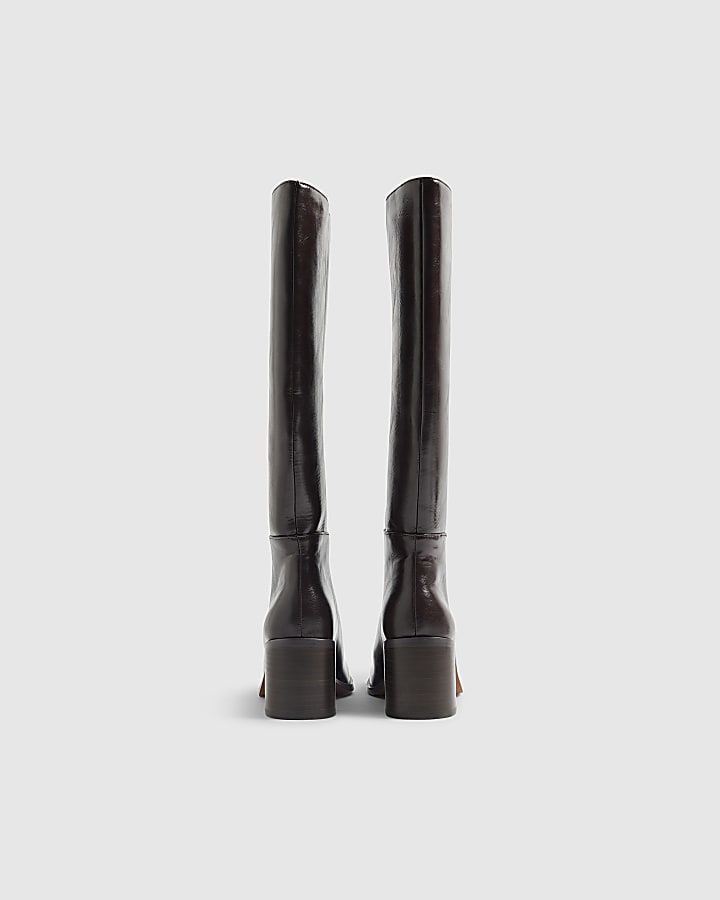 River Island Brown Block Heel High Leg Boots