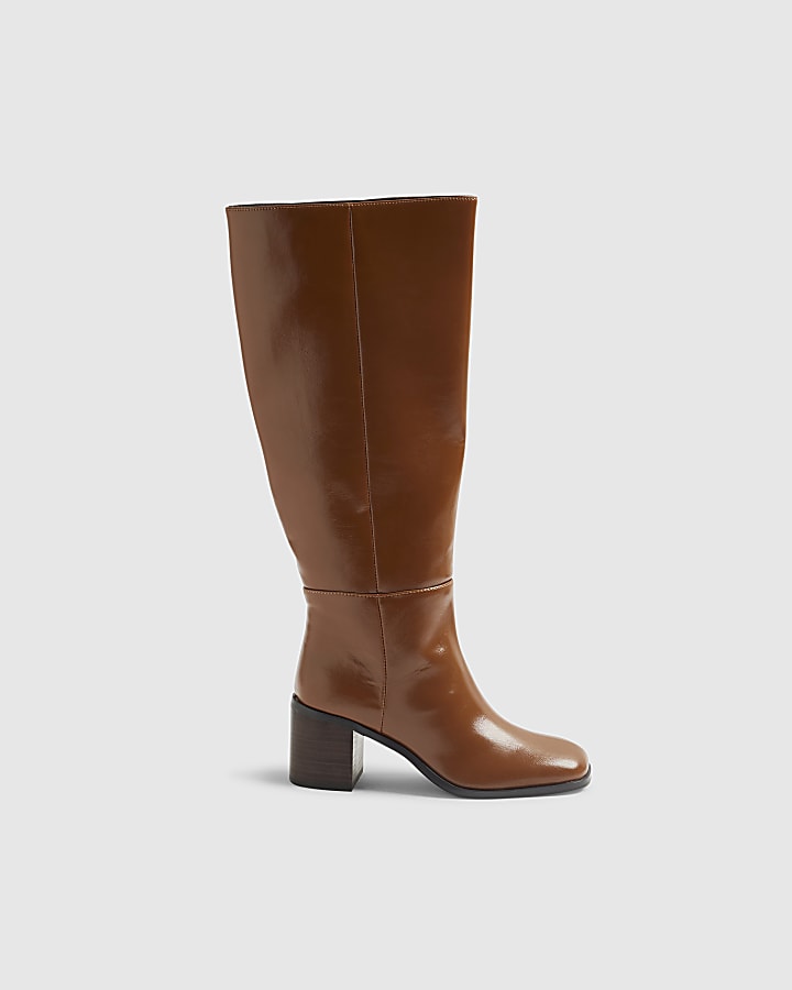 River Island Brown Block Heel High Leg Boots