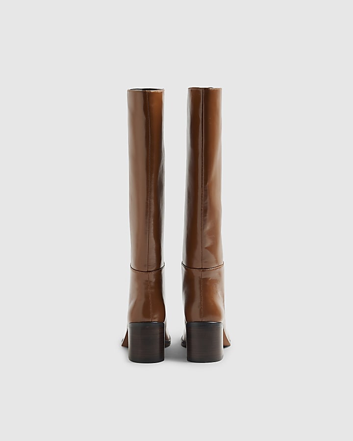 River Island Brown Block Heel High Leg Boots