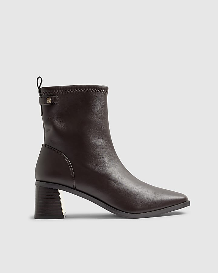 River Island Brown Block Heel Stretch Sock Boot