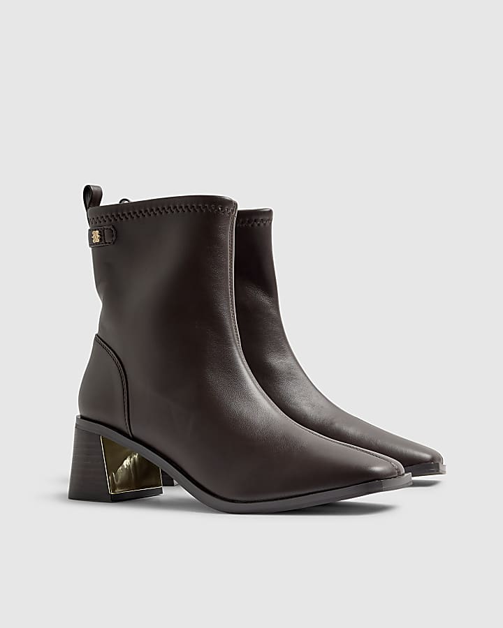 River Island Brown Block Heel Stretch Sock Boot
