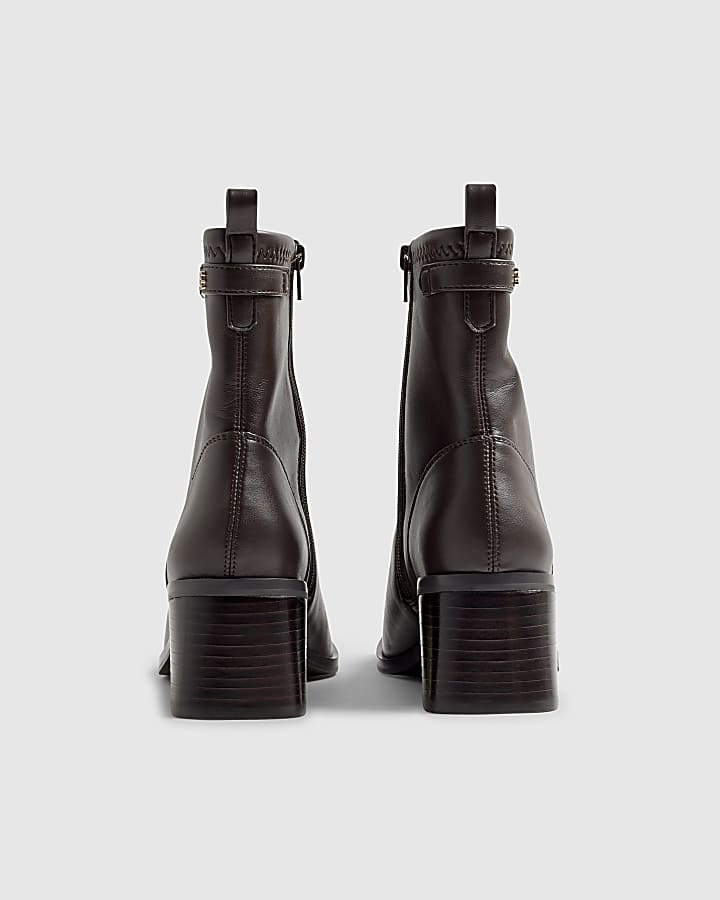 River Island Brown Block Heel Stretch Sock Boot