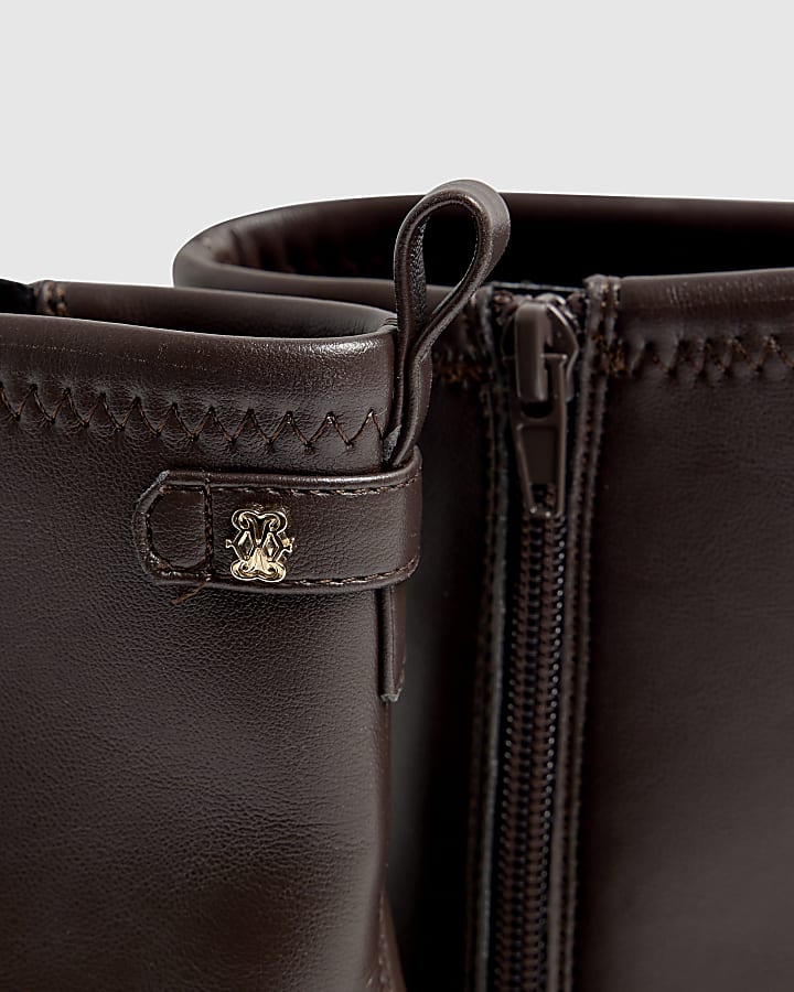 river island Brown Block Heel Stretch Sock Boot