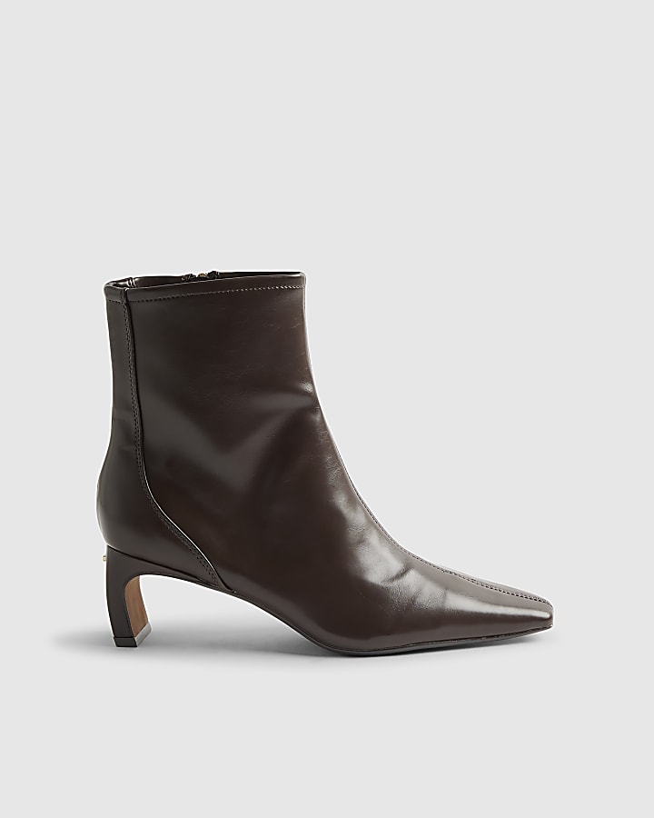 River Island Brown Block Heel Stretch Sock Boots
