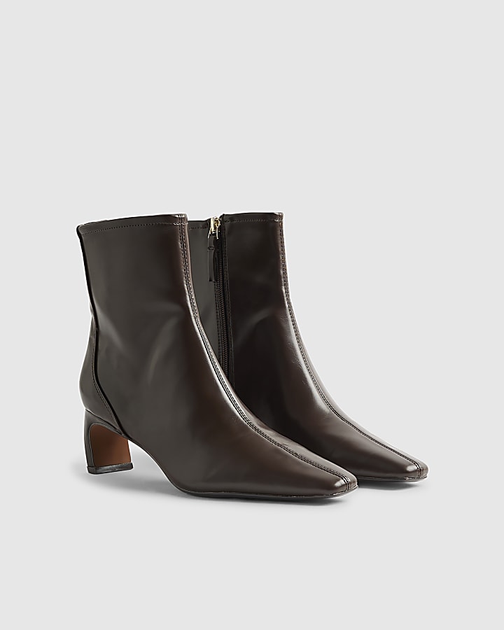 River Island Brown Block Heel Stretch Sock Boots