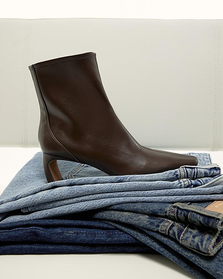 river island Brown Block Heel Stretch Sock Boots