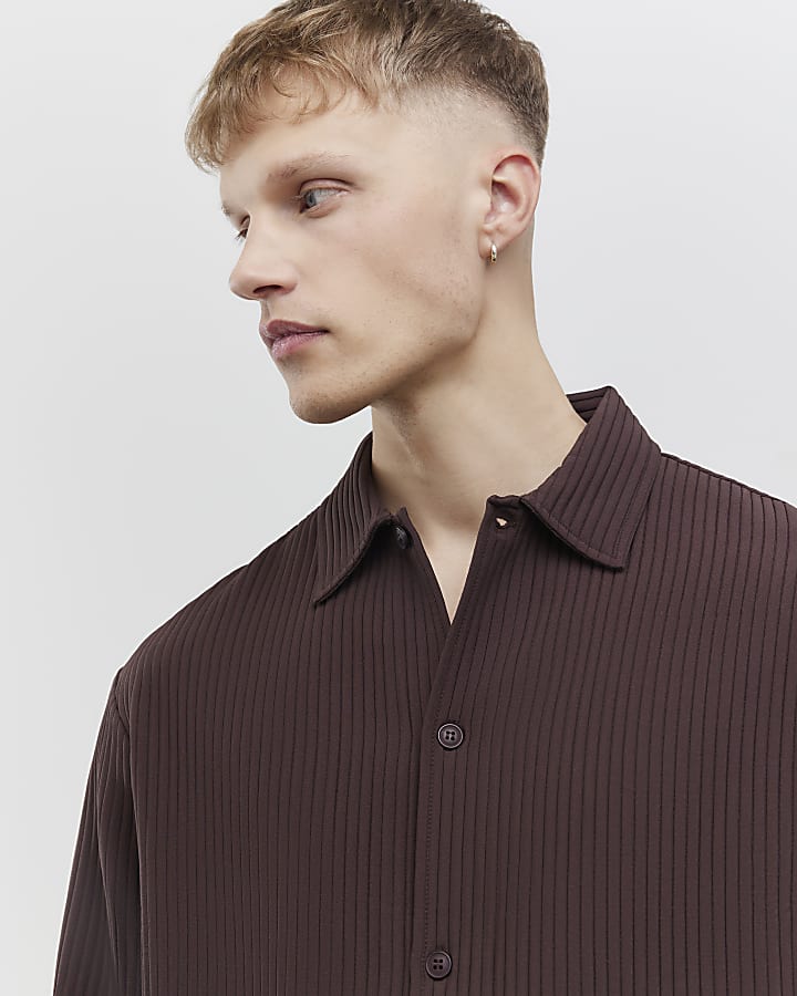 River Island Brown Boxy Fit Plisse Shirt