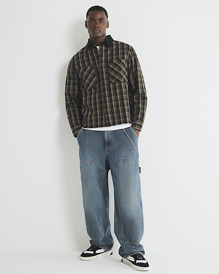 River Island Brown Canvas Collar Check Overshirt