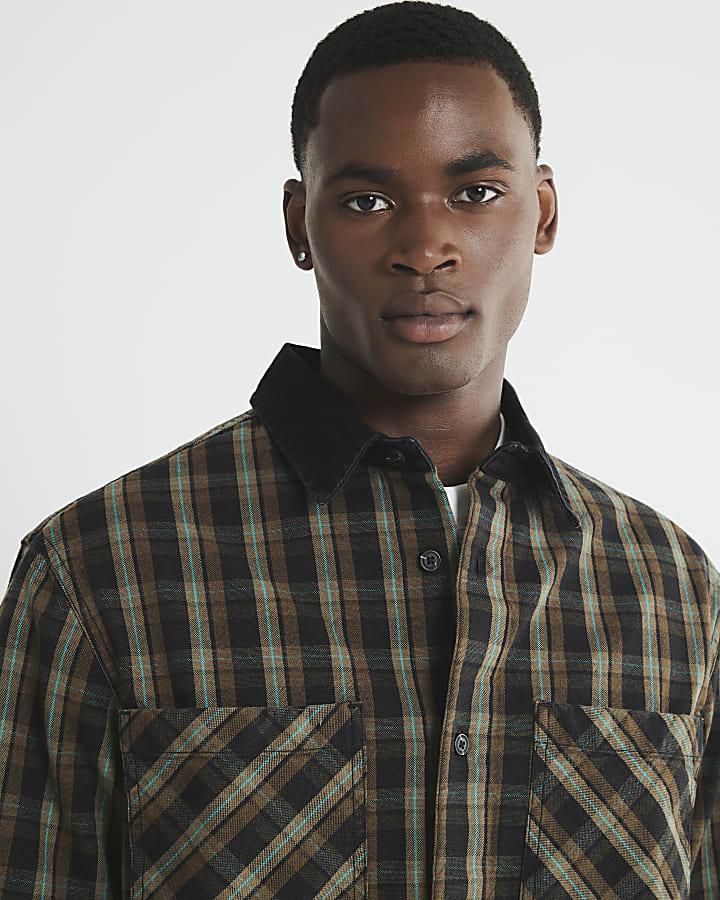 River Island Brown Canvas Collar Check Overshirt