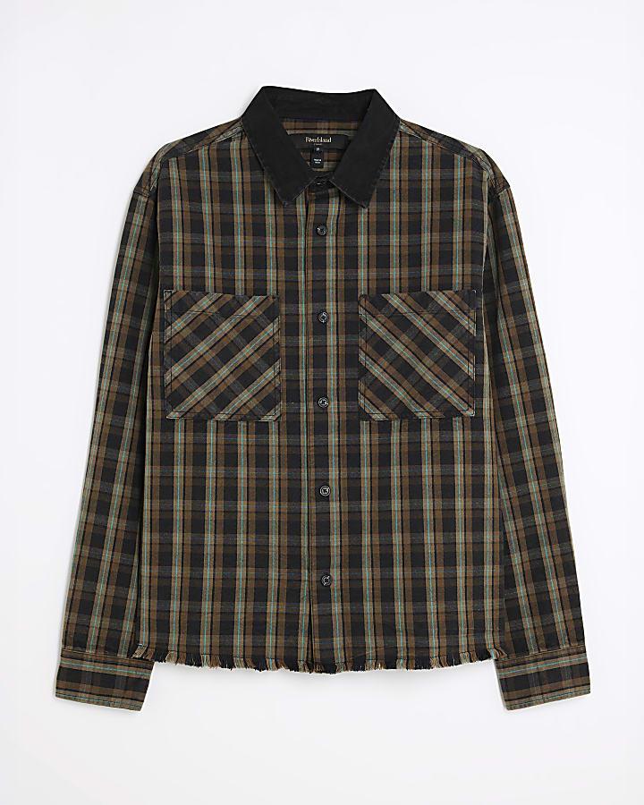 river island Brown Canvas Collar Check Overshirt