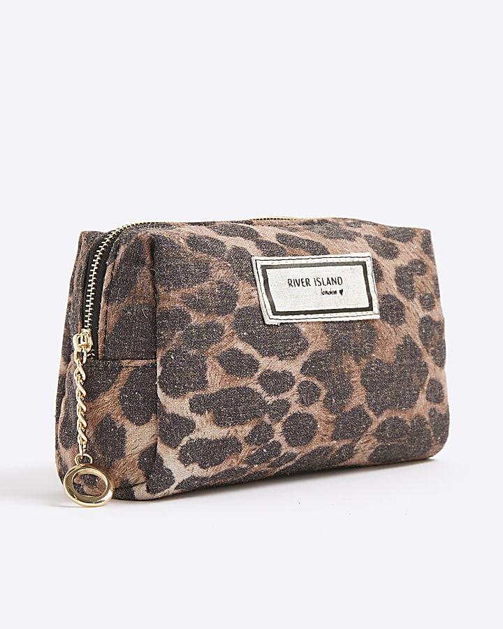 River Island Brown Canvas Leopard Make Up Bag
