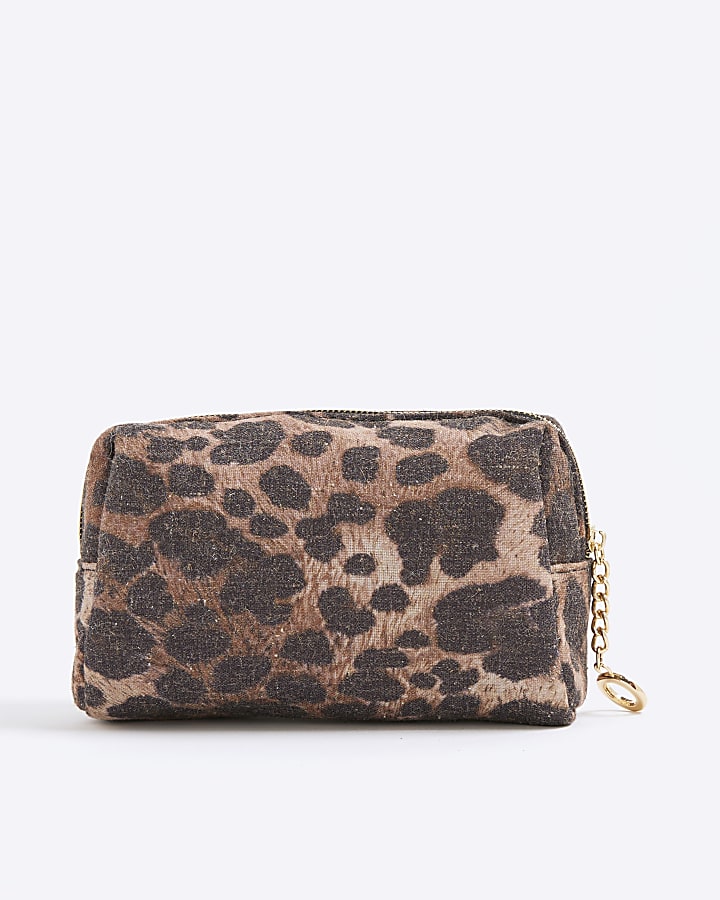 River Island Brown Canvas Leopard Make Up Bag