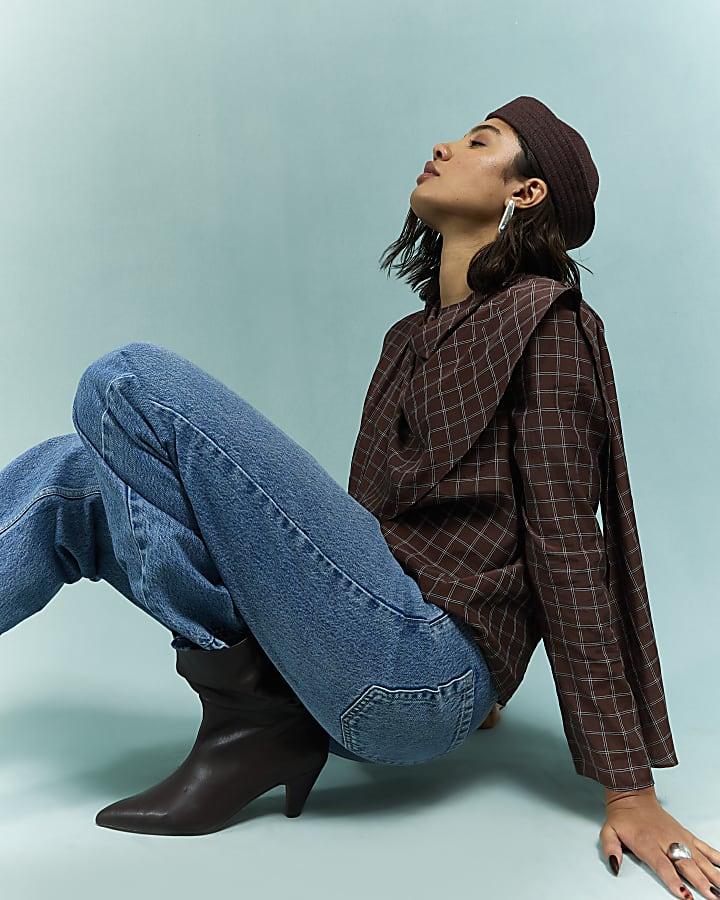 River Island Brown Check Cowl Neck Drape Blouse