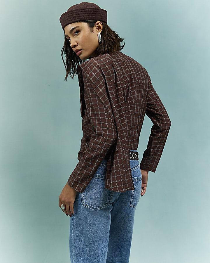 River Island Brown Check Cowl Neck Drape Blouse