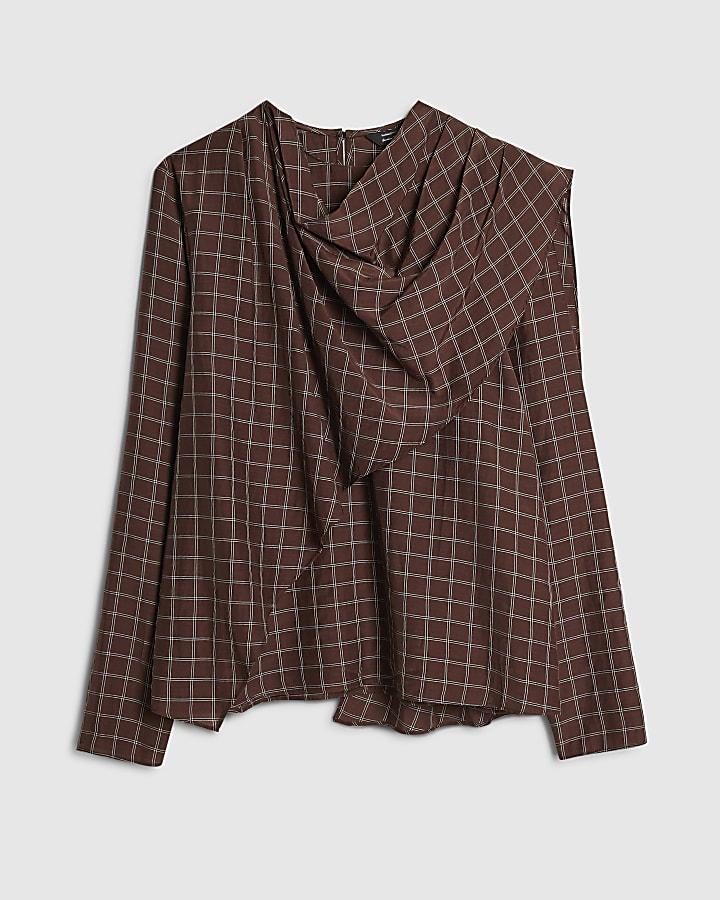 river island Brown Check Cowl Neck Drape Blouse