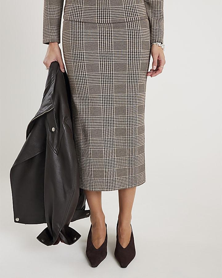 River Island Brown Check Fitted Midi Skirt