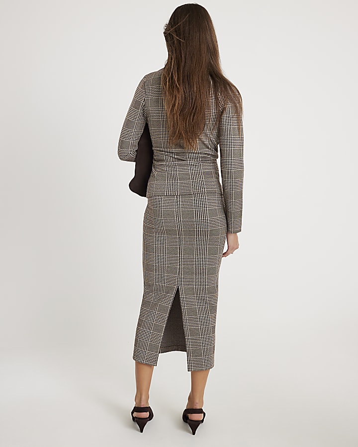 River Island Brown Check Fitted Midi Skirt