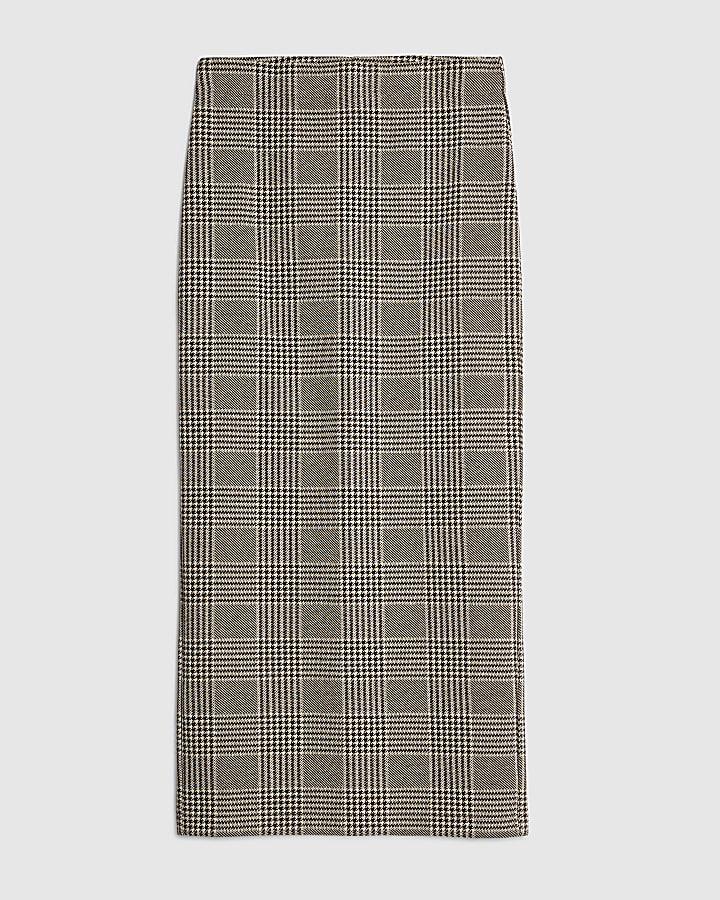river island Brown Check Fitted Midi Skirt