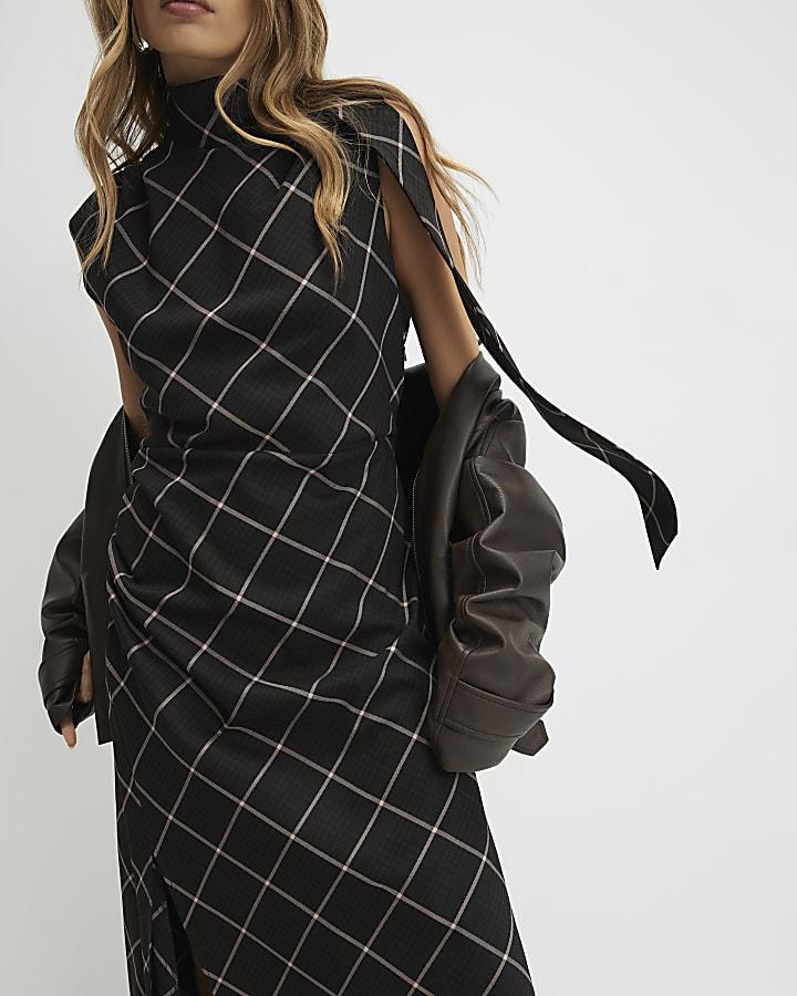 River Island Brown Check Tie Neck Midi Dress