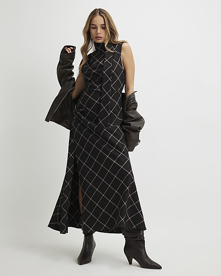 River Island Brown Check Tie Neck Midi Dress