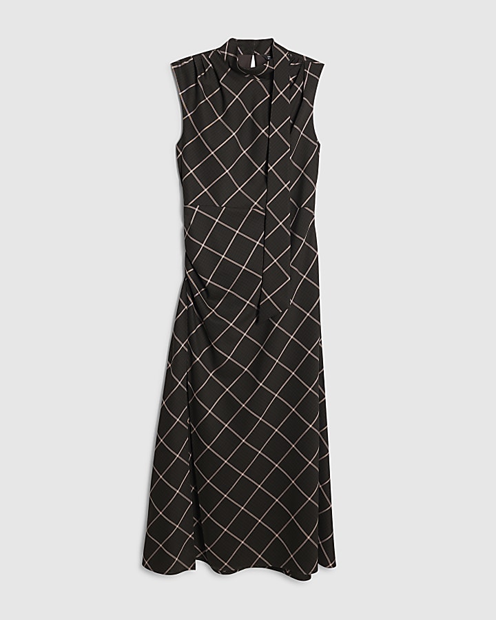 river island Brown Check Tie Neck Midi Dress