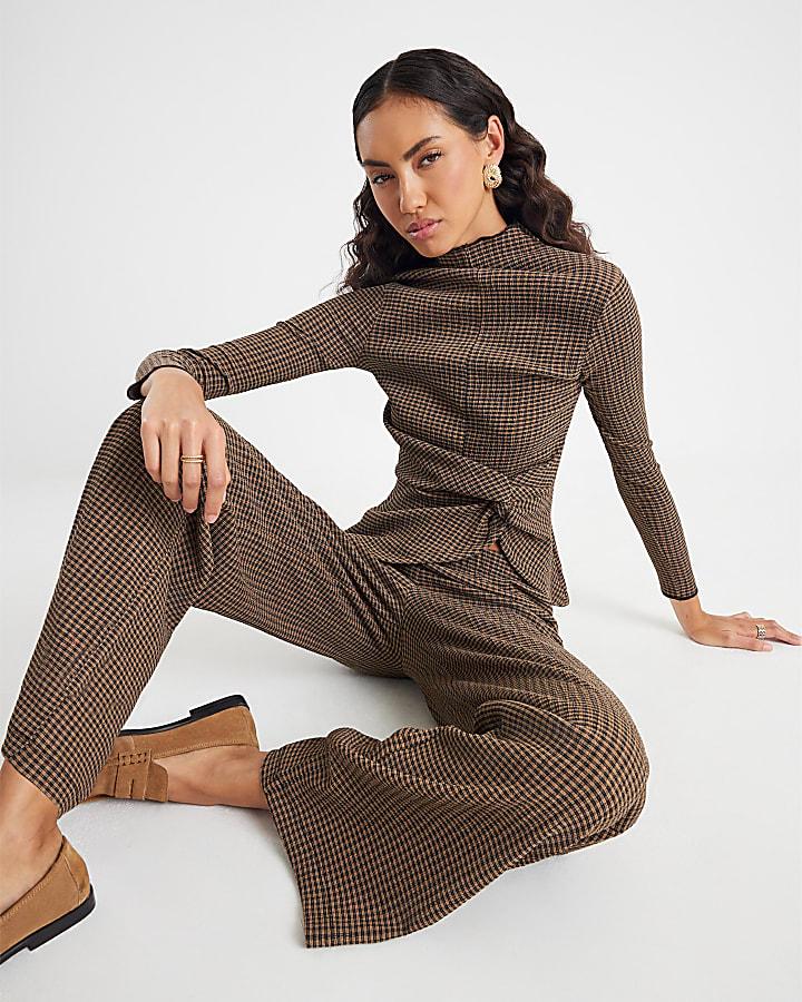 River Island Brown Check Wide Leg Trousers