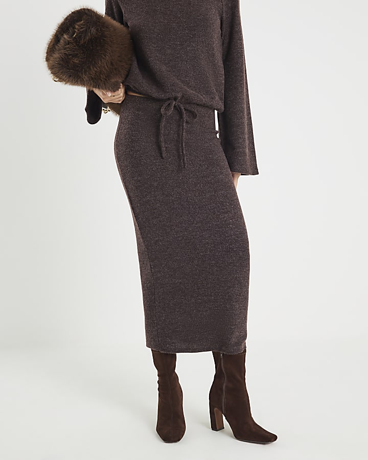 River Island Brown Cosy Midi Skirt