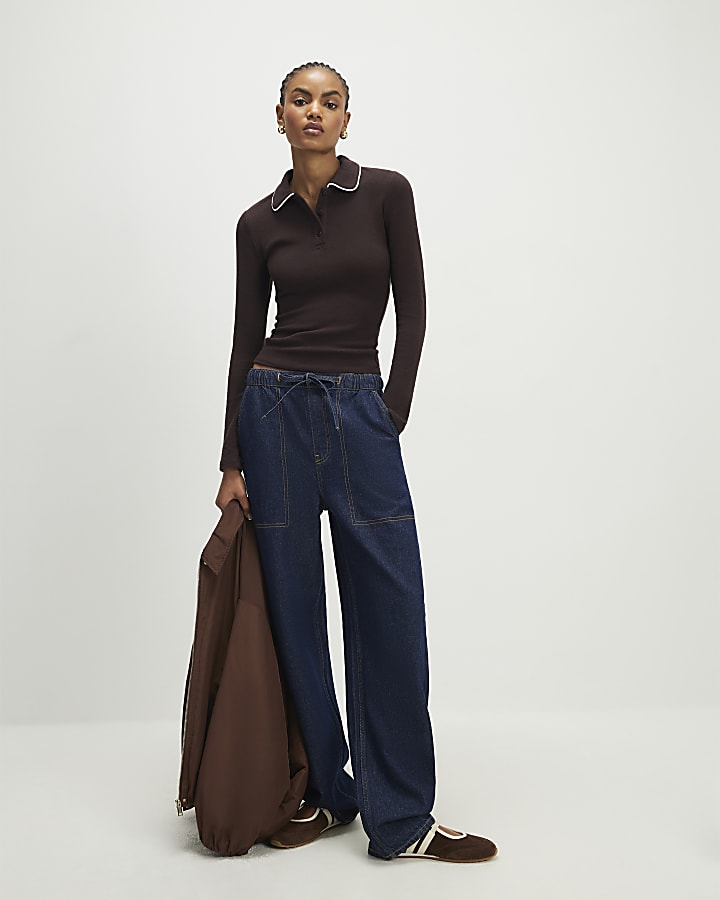 River Island Brown Cosy Tipped Polo Top