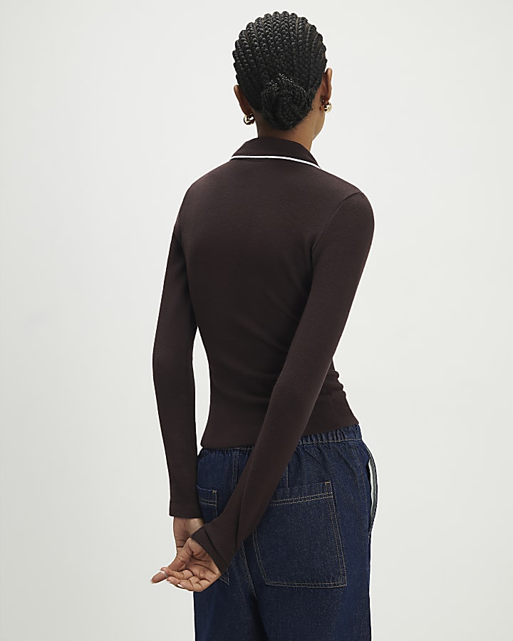 River Island Brown Cosy Tipped Polo Top