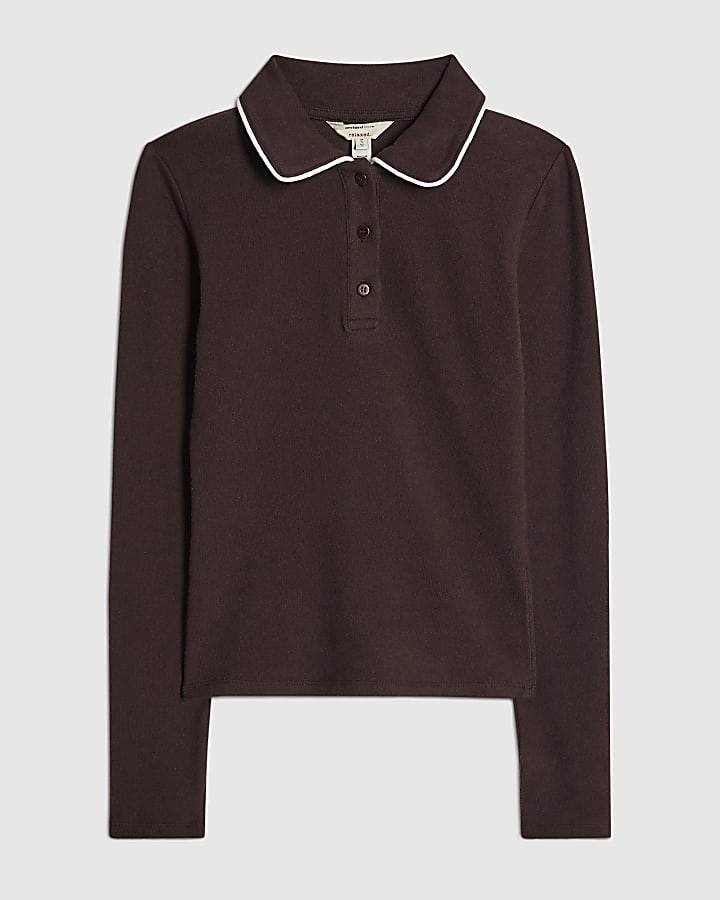 river island Brown Cosy Tipped Polo Top
