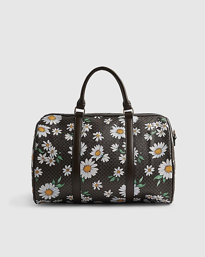 River Island Brown Daisy Monogram Barrell Bag
