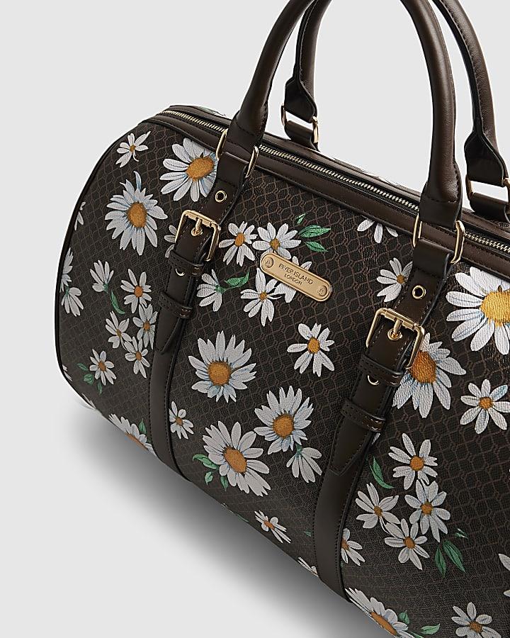 River Island Brown Daisy Monogram Barrell Bag