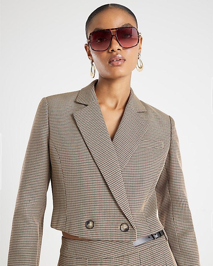River Island Brown Dogtooth Cropped Blazer
