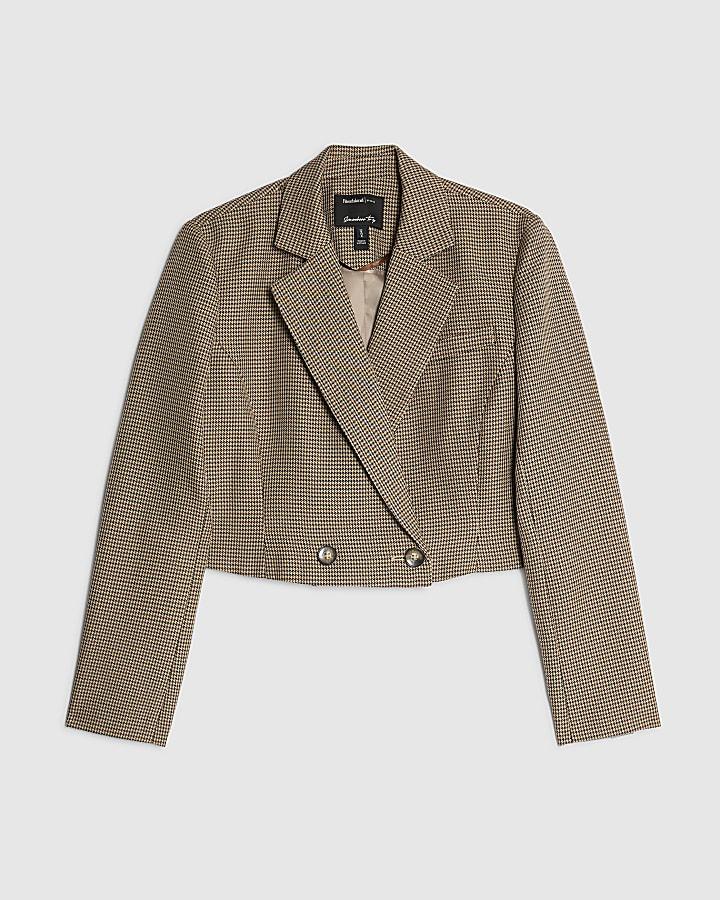 river island Brown Dogtooth Cropped Blazer